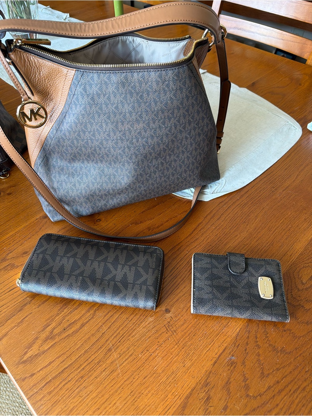 Michael Kors Brown Logo Shoulder Bag with Tan Leather Trim and Matching Wallets